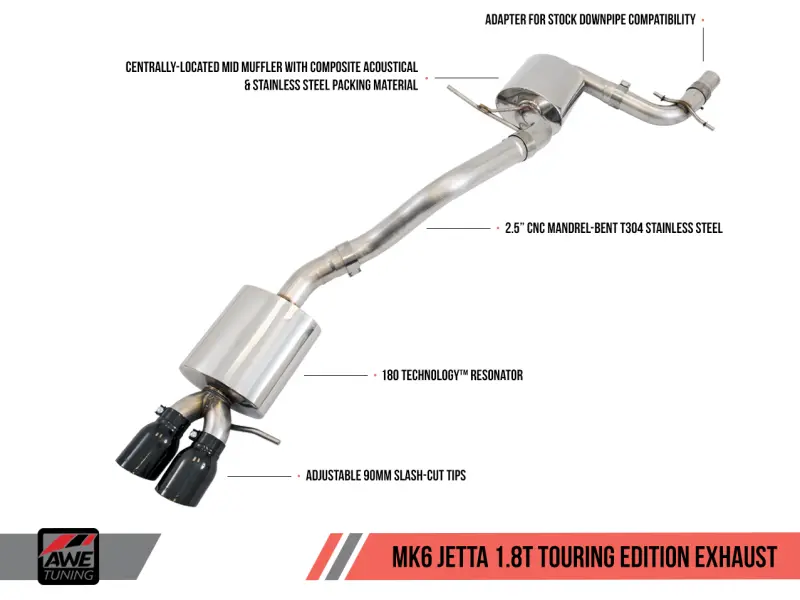 Awe Tuning Mk6 Gli 2.0T - Mk6 Jetta 1.8T Touring Edition Exhaust - Diamond Black Tips 1