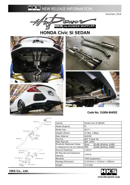 Hks 17+ Honda Civic Si Sedan (Fc) Hi-Power Muffler Exhaust - 31006-Bh002 1
