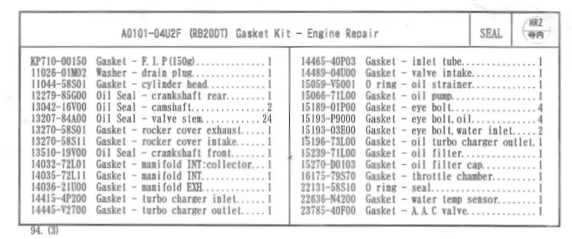 Genuine Nissan Rb20det Gasket Kit  A0101-04U2f 1